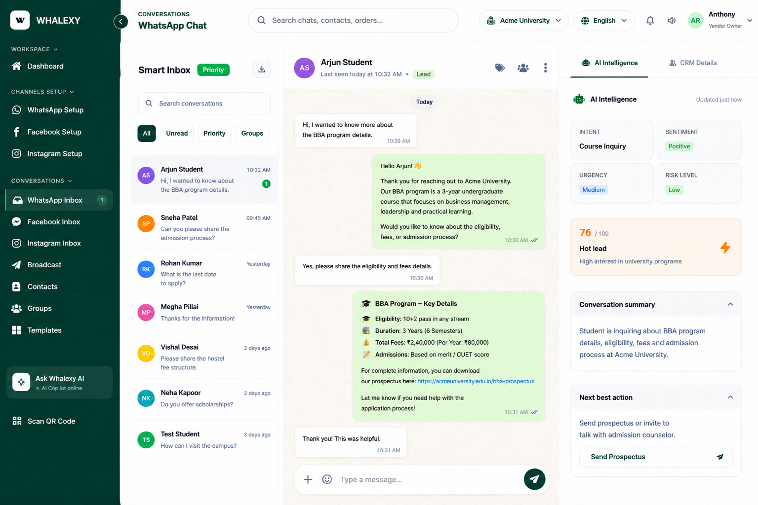Whalexy WhatsApp inbox with AI intelligence, lead scoring, and next-action recommendations